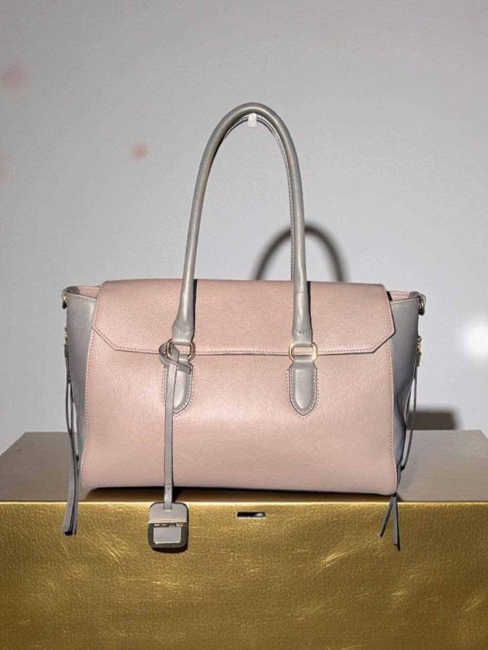 INNUE Flap Satchel Mauve Grey Colorblock Saffiano Leather 3-Way Bag Italy Made